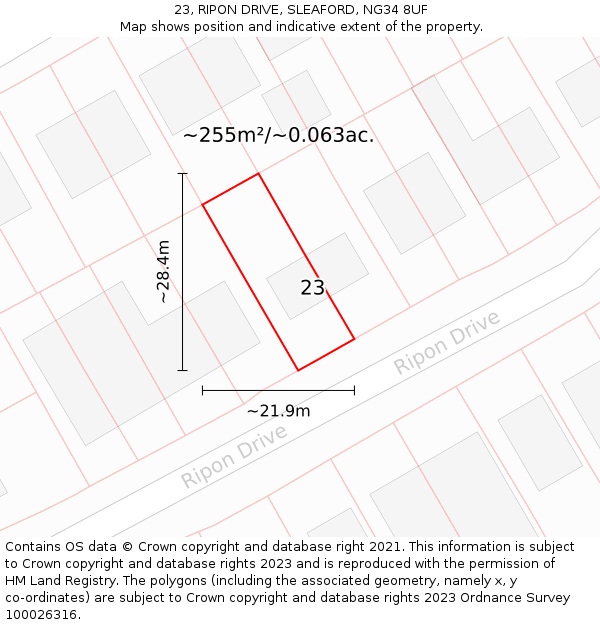 23, RIPON DRIVE, SLEAFORD, NG34 8UF: Plot and title map