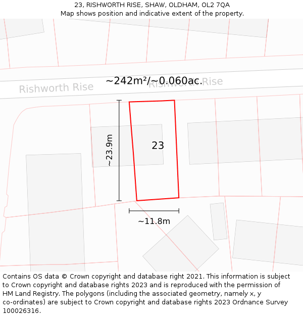 23, RISHWORTH RISE, SHAW, OLDHAM, OL2 7QA: Plot and title map