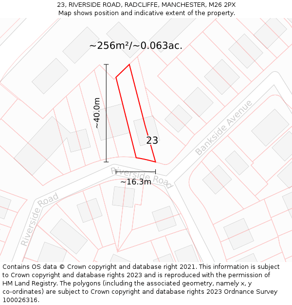 23, RIVERSIDE ROAD, RADCLIFFE, MANCHESTER, M26 2PX: Plot and title map