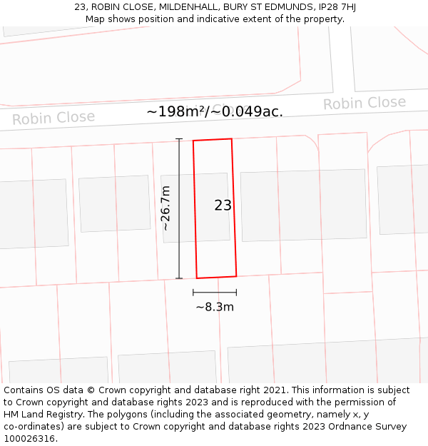 23, ROBIN CLOSE, MILDENHALL, BURY ST EDMUNDS, IP28 7HJ: Plot and title map