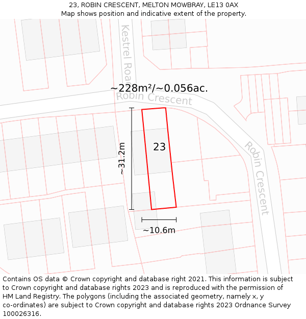23, ROBIN CRESCENT, MELTON MOWBRAY, LE13 0AX: Plot and title map