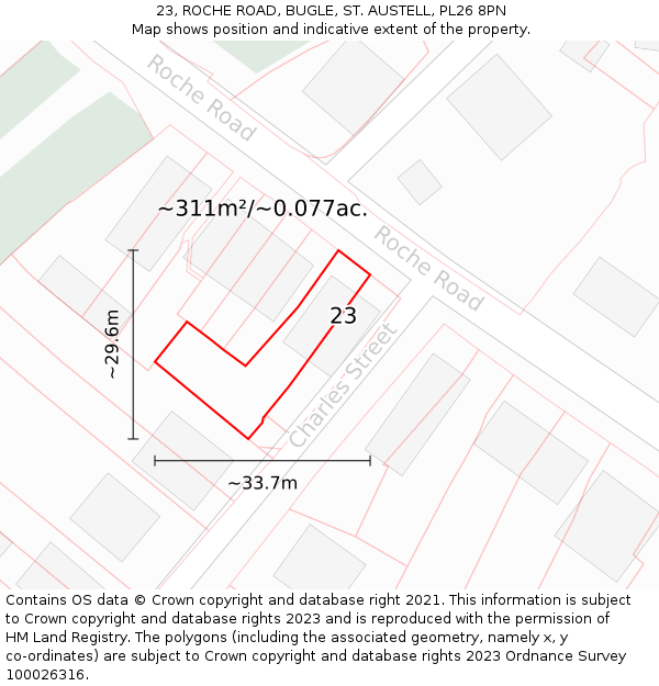 23, ROCHE ROAD, BUGLE, ST. AUSTELL, PL26 8PN: Plot and title map
