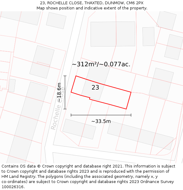 23, ROCHELLE CLOSE, THAXTED, DUNMOW, CM6 2PX: Plot and title map