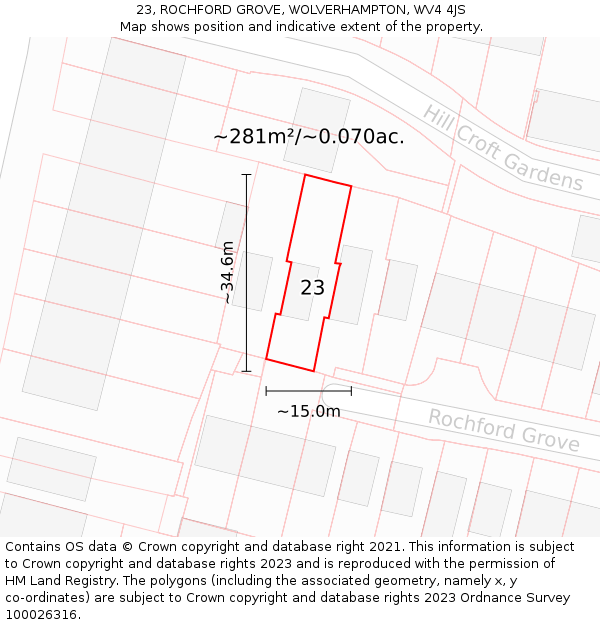 23, ROCHFORD GROVE, WOLVERHAMPTON, WV4 4JS: Plot and title map