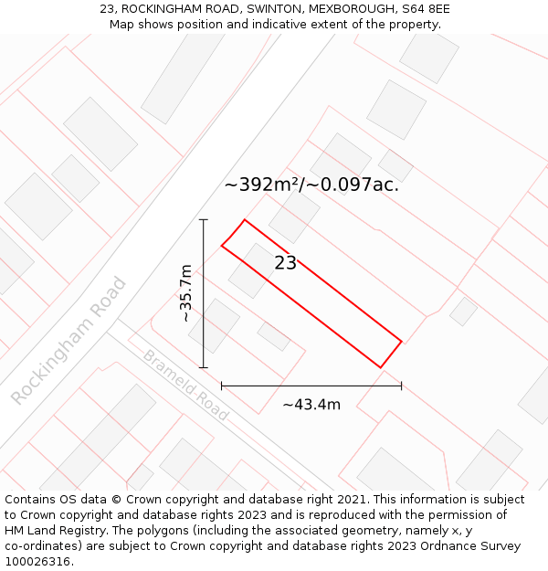 23, ROCKINGHAM ROAD, SWINTON, MEXBOROUGH, S64 8EE: Plot and title map