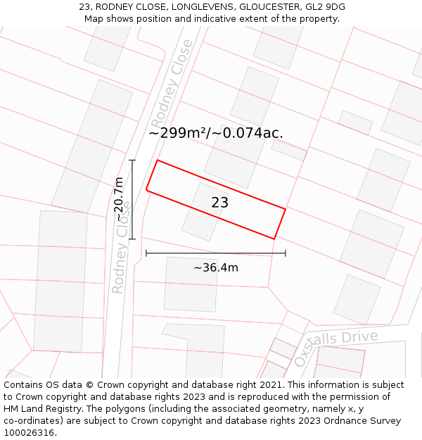 23, RODNEY CLOSE, LONGLEVENS, GLOUCESTER, GL2 9DG: Plot and title map