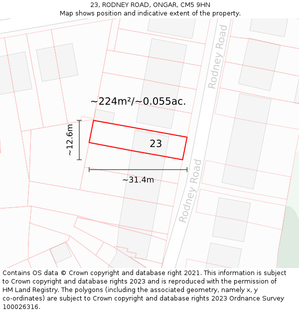 23, RODNEY ROAD, ONGAR, CM5 9HN: Plot and title map