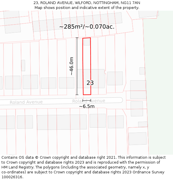 23, ROLAND AVENUE, WILFORD, NOTTINGHAM, NG11 7AN: Plot and title map