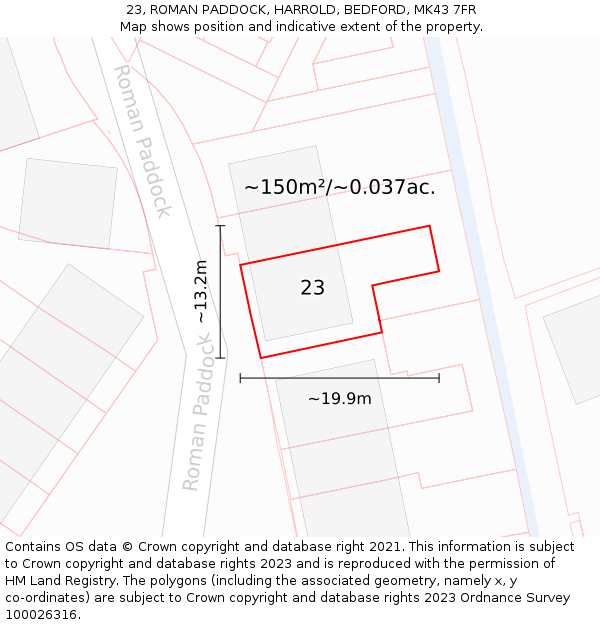 23, ROMAN PADDOCK, HARROLD, BEDFORD, MK43 7FR: Plot and title map