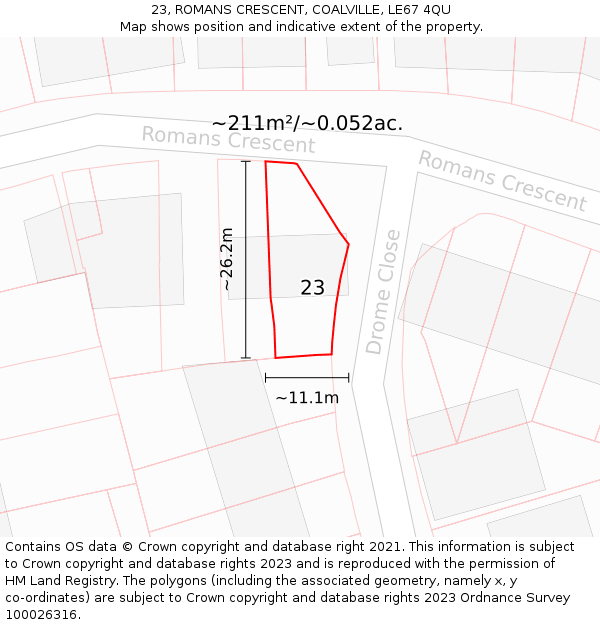 23, ROMANS CRESCENT, COALVILLE, LE67 4QU: Plot and title map