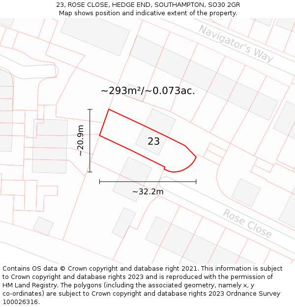 23, ROSE CLOSE, HEDGE END, SOUTHAMPTON, SO30 2GR: Plot and title map