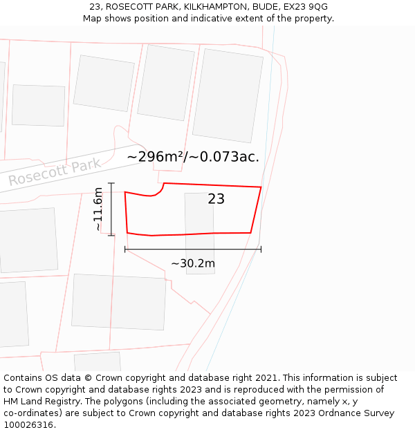 23, ROSECOTT PARK, KILKHAMPTON, BUDE, EX23 9QG: Plot and title map