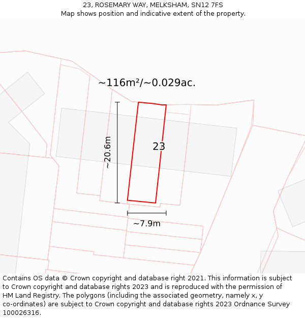 23, ROSEMARY WAY, MELKSHAM, SN12 7FS: Plot and title map