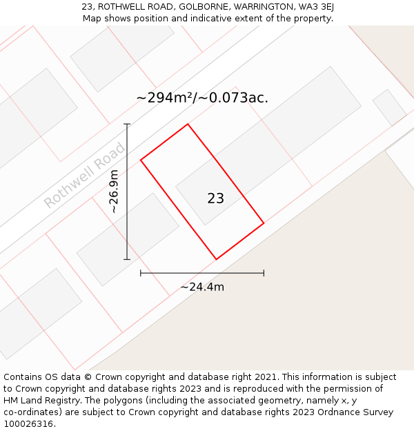 23, ROTHWELL ROAD, GOLBORNE, WARRINGTON, WA3 3EJ: Plot and title map