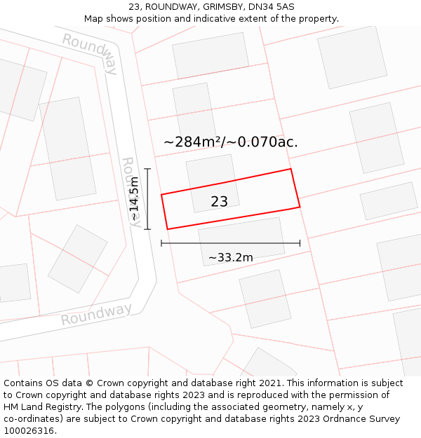 23, ROUNDWAY, GRIMSBY, DN34 5AS: Plot and title map