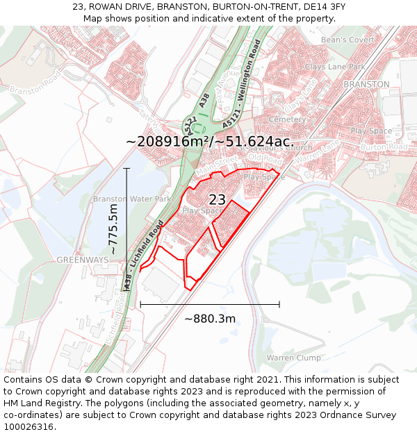 23, ROWAN DRIVE, BRANSTON, BURTON-ON-TRENT, DE14 3FY: Plot and title map