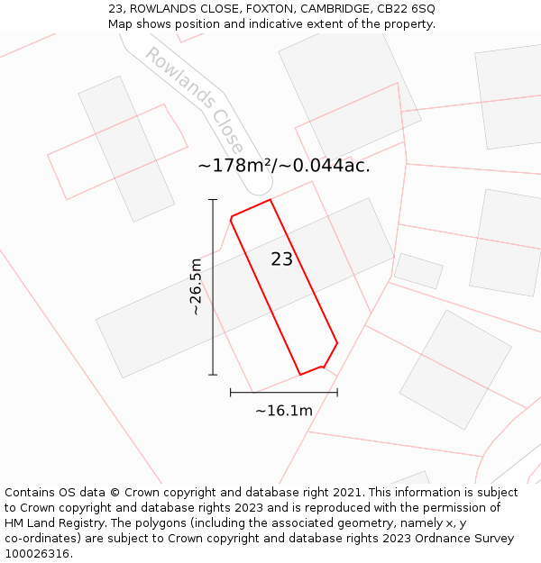 23, ROWLANDS CLOSE, FOXTON, CAMBRIDGE, CB22 6SQ: Plot and title map