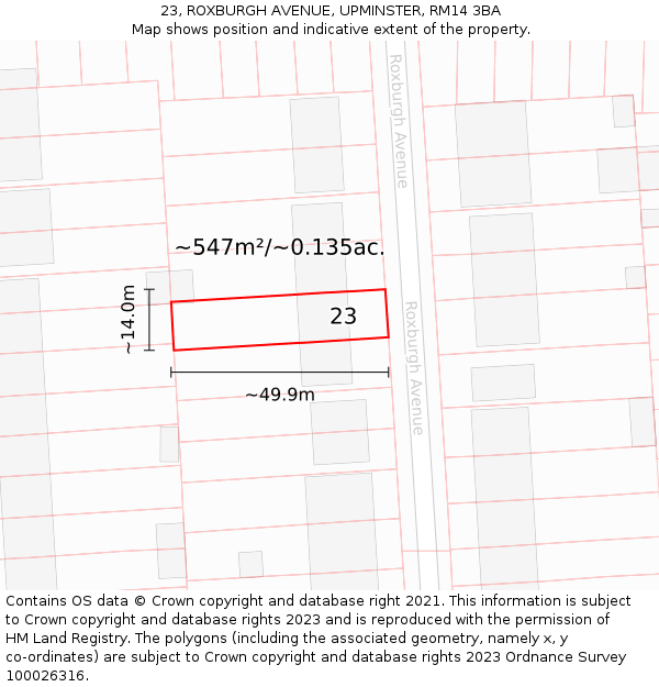 23, ROXBURGH AVENUE, UPMINSTER, RM14 3BA: Plot and title map
