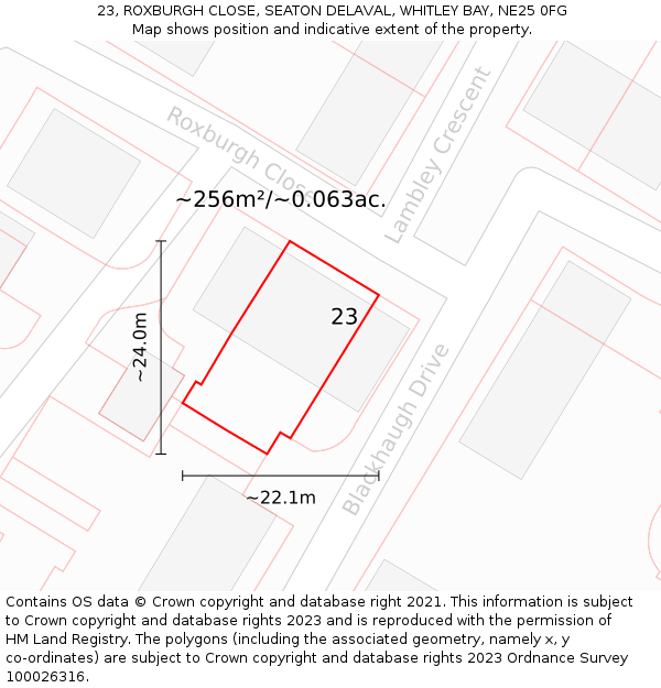 23, ROXBURGH CLOSE, SEATON DELAVAL, WHITLEY BAY, NE25 0FG: Plot and title map