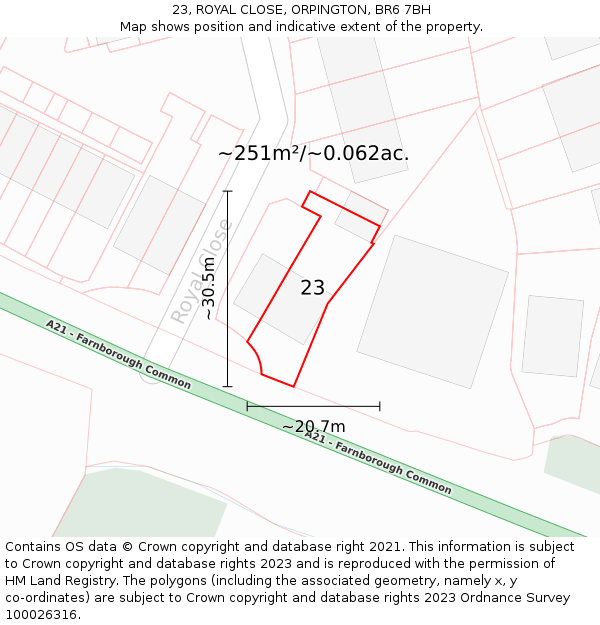23, ROYAL CLOSE, ORPINGTON, BR6 7BH: Plot and title map