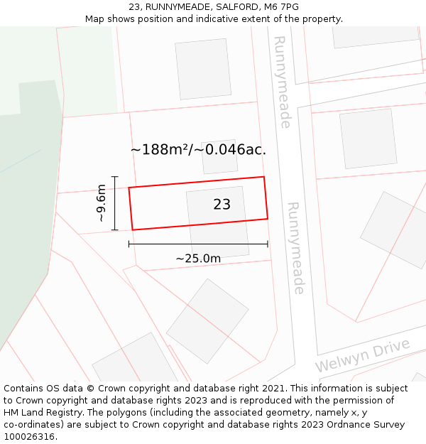 23, RUNNYMEADE, SALFORD, M6 7PG: Plot and title map