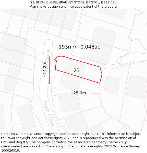 23, RUSH CLOSE, BRADLEY STOKE, BRISTOL, BS32 0BU: Plot and title map