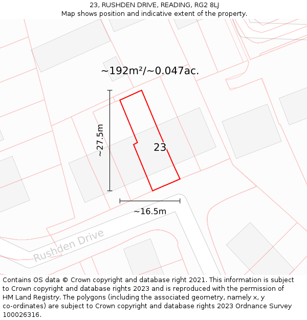 23, RUSHDEN DRIVE, READING, RG2 8LJ: Plot and title map