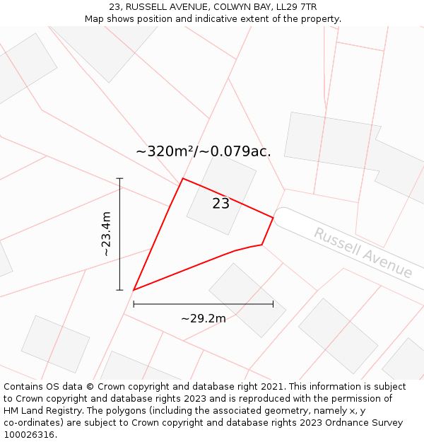 23, RUSSELL AVENUE, COLWYN BAY, LL29 7TR: Plot and title map