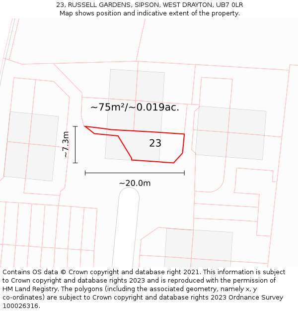 23, RUSSELL GARDENS, SIPSON, WEST DRAYTON, UB7 0LR: Plot and title map