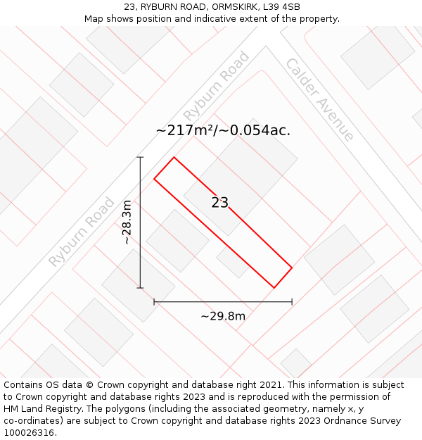 23, RYBURN ROAD, ORMSKIRK, L39 4SB: Plot and title map