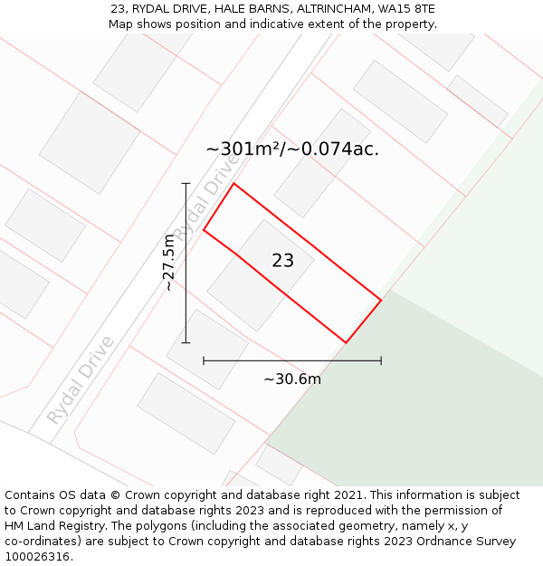 23, RYDAL DRIVE, HALE BARNS, ALTRINCHAM, WA15 8TE: Plot and title map