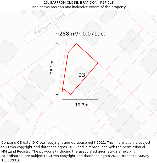 23, SAFFRON CLOSE, BRANDON, IP27 0LS: Plot and title map
