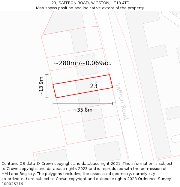 23, SAFFRON ROAD, WIGSTON, LE18 4TD: Plot and title map