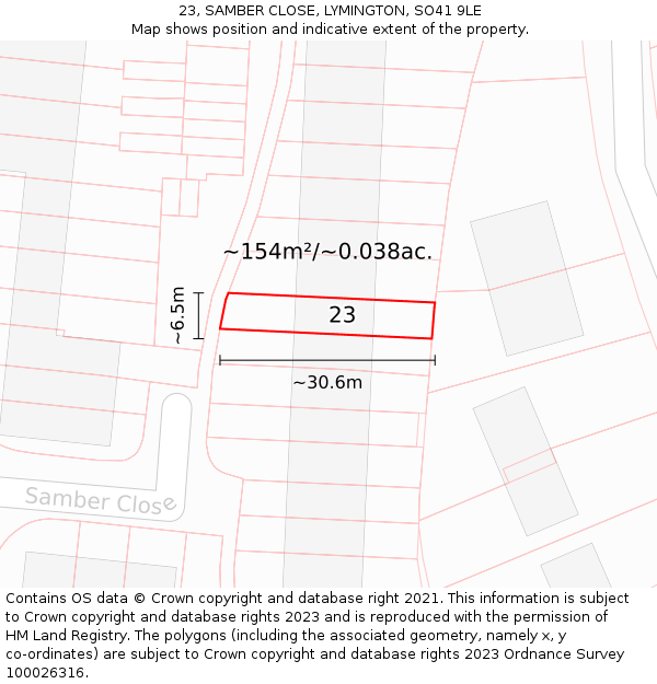 23, SAMBER CLOSE, LYMINGTON, SO41 9LE: Plot and title map
