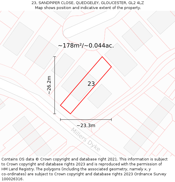 23, SANDPIPER CLOSE, QUEDGELEY, GLOUCESTER, GL2 4LZ: Plot and title map