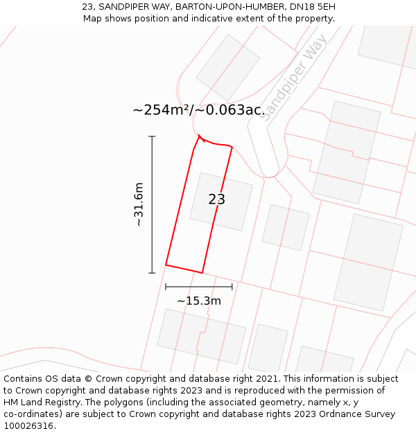 23, SANDPIPER WAY, BARTON-UPON-HUMBER, DN18 5EH: Plot and title map