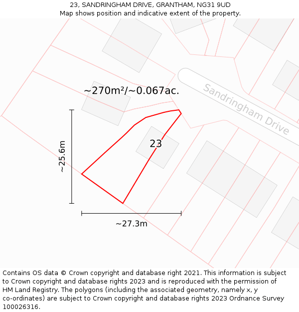 23, SANDRINGHAM DRIVE, GRANTHAM, NG31 9UD: Plot and title map
