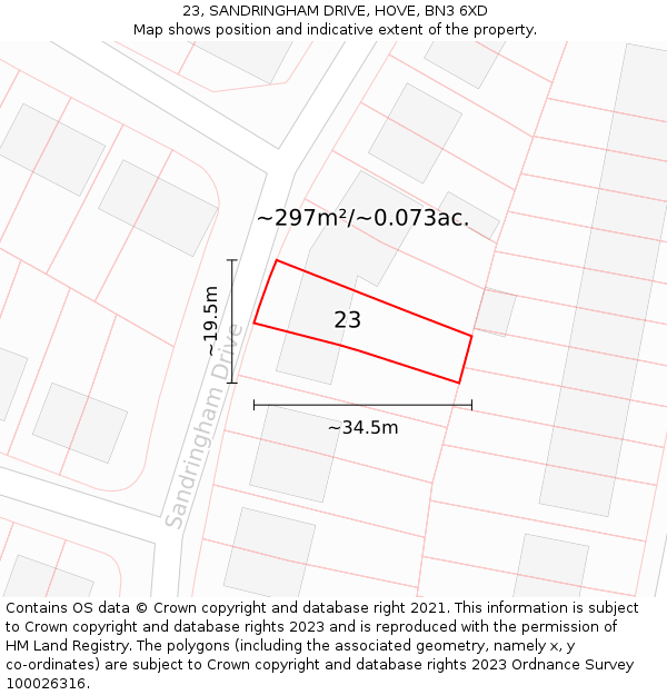 23, SANDRINGHAM DRIVE, HOVE, BN3 6XD: Plot and title map