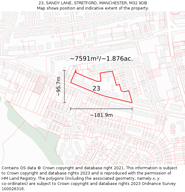 23, SANDY LANE, STRETFORD, MANCHESTER, M32 9DB: Plot and title map