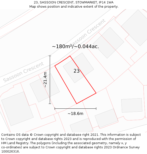 23, SASSOON CRESCENT, STOWMARKET, IP14 1WA: Plot and title map