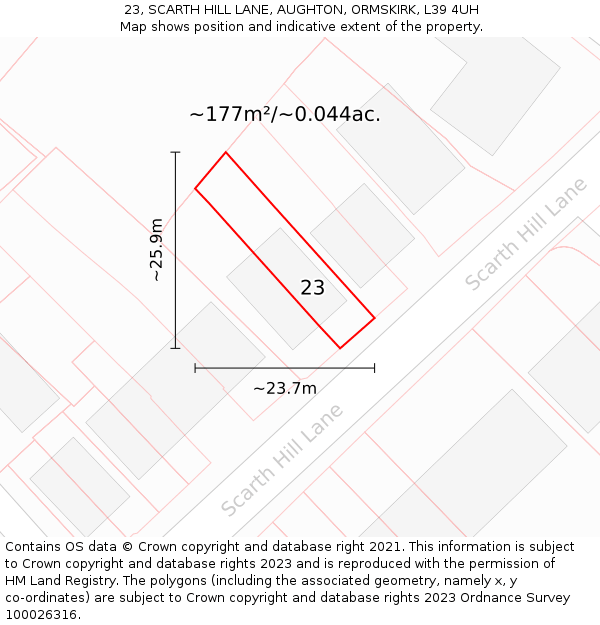 23, SCARTH HILL LANE, AUGHTON, ORMSKIRK, L39 4UH: Plot and title map