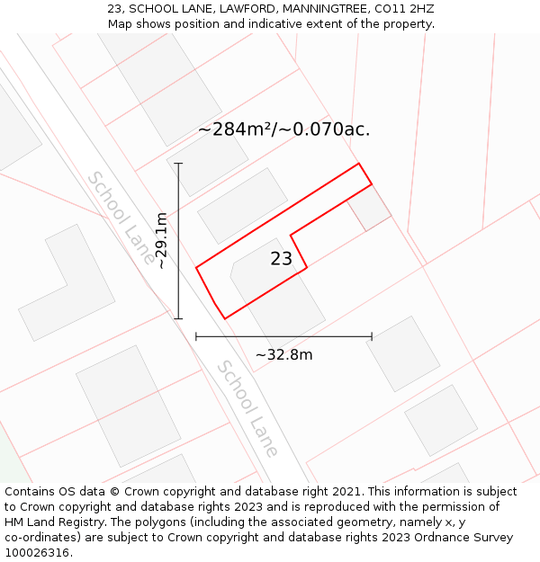 23, SCHOOL LANE, LAWFORD, MANNINGTREE, CO11 2HZ: Plot and title map