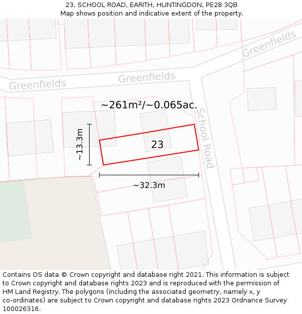23, SCHOOL ROAD, EARITH, HUNTINGDON, PE28 3QB: Plot and title map