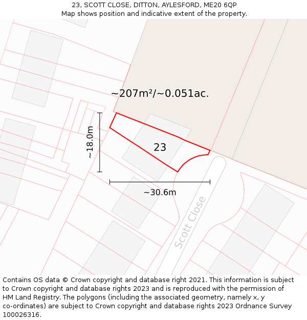 23, SCOTT CLOSE, DITTON, AYLESFORD, ME20 6QP: Plot and title map