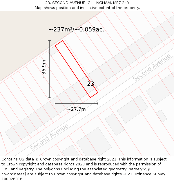 23, SECOND AVENUE, GILLINGHAM, ME7 2HY: Plot and title map