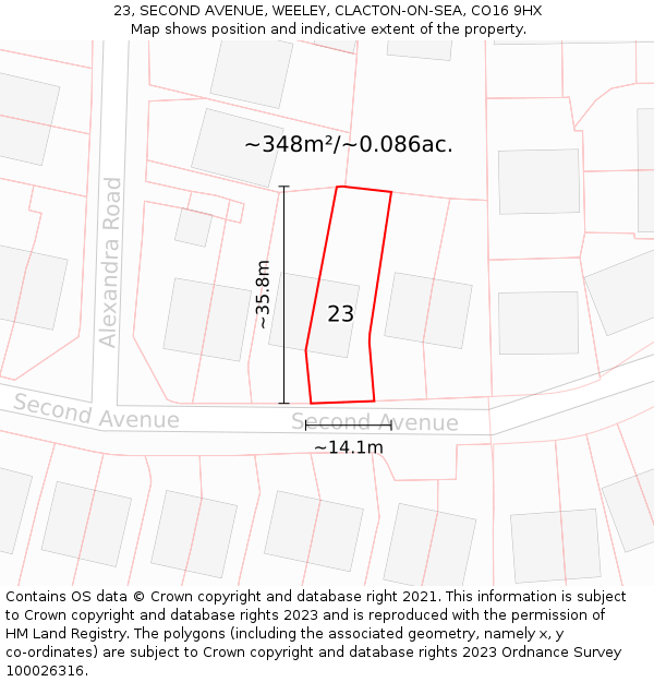 23, SECOND AVENUE, WEELEY, CLACTON-ON-SEA, CO16 9HX: Plot and title map