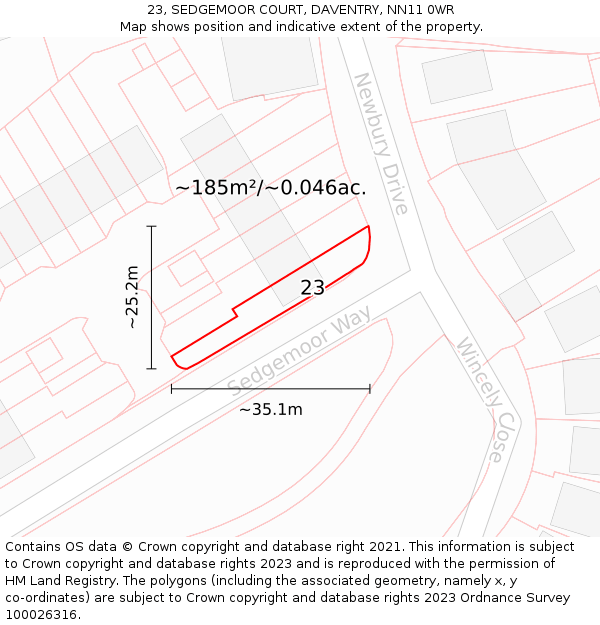 23, SEDGEMOOR COURT, DAVENTRY, NN11 0WR: Plot and title map