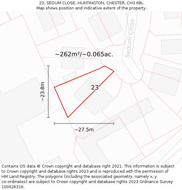 23, SEDUM CLOSE, HUNTINGTON, CHESTER, CH3 6BL: Plot and title map