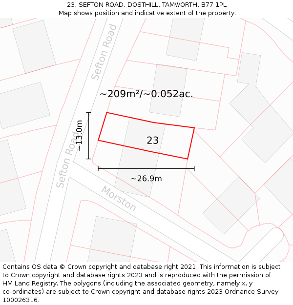 23, SEFTON ROAD, DOSTHILL, TAMWORTH, B77 1PL: Plot and title map