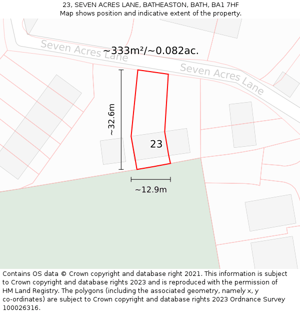 23, SEVEN ACRES LANE, BATHEASTON, BATH, BA1 7HF: Plot and title map